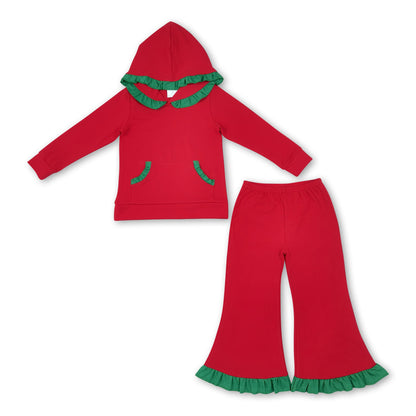 Green ruffle hoodie red pocket girls Christmas outfits