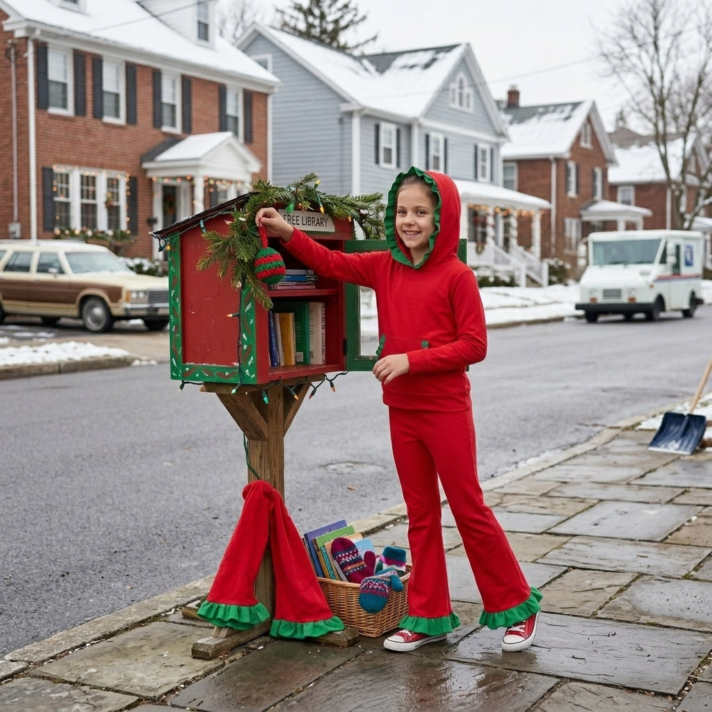 Green ruffle hoodie red pocket girls Christmas outfits