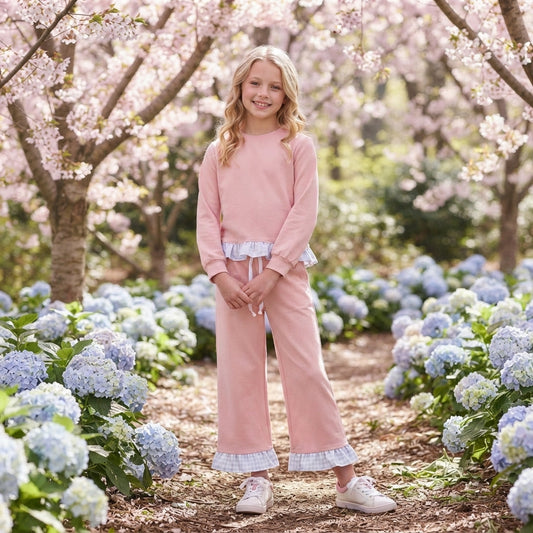 Long sleeves cotton plaid ruffle kids girls outfits