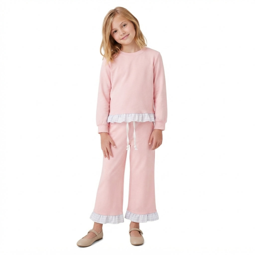 Long sleeves cotton plaid ruffle kids girls outfits