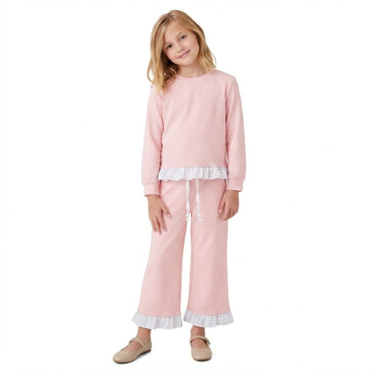 Long sleeves cotton plaid ruffle kids girls outfits