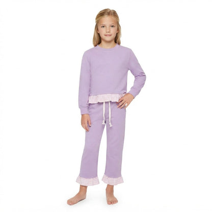 Long sleeves plaid ruffle lavender cotton girls outfits