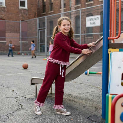 Stripe flutter long sleeves maroon top pants girls outfits