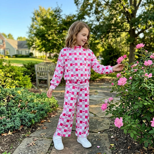 Pink heart plaid mock neck top pants girls Valentine's set