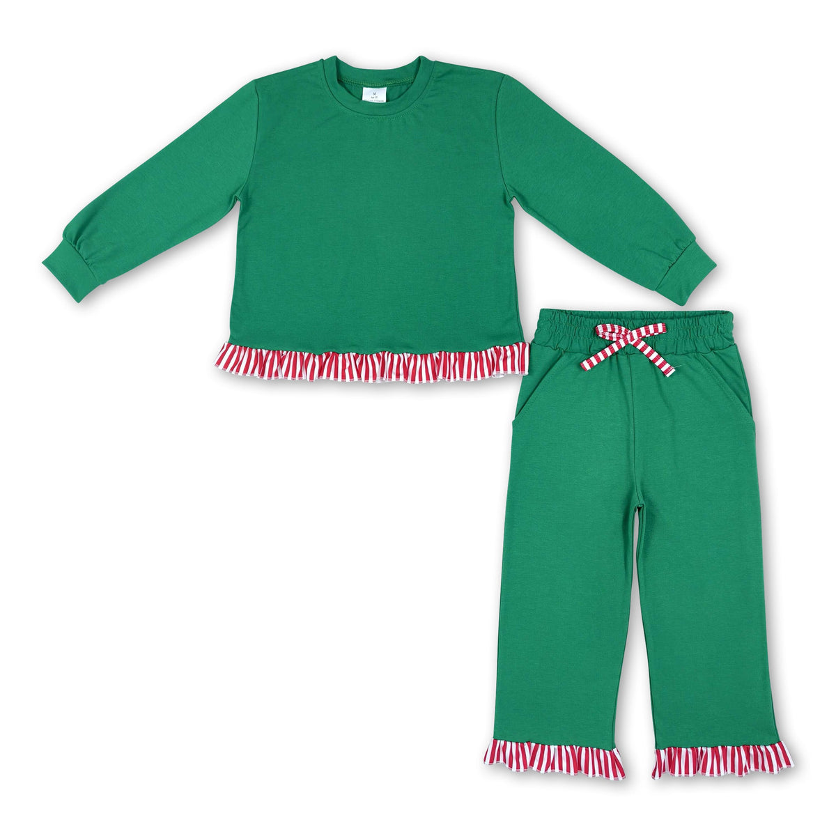 Long sleeves red stripe green top pants girls Christmas outfit