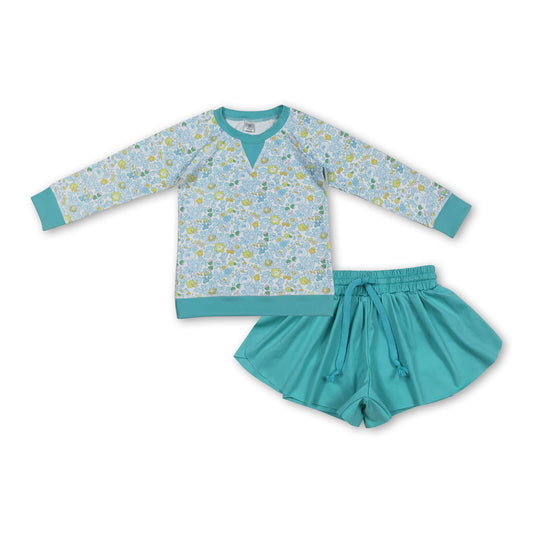 Long sleeves floral top mint shorts kids girls yoga clothes