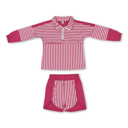 Hot pink stripe patchwork pullover shorts girls active set