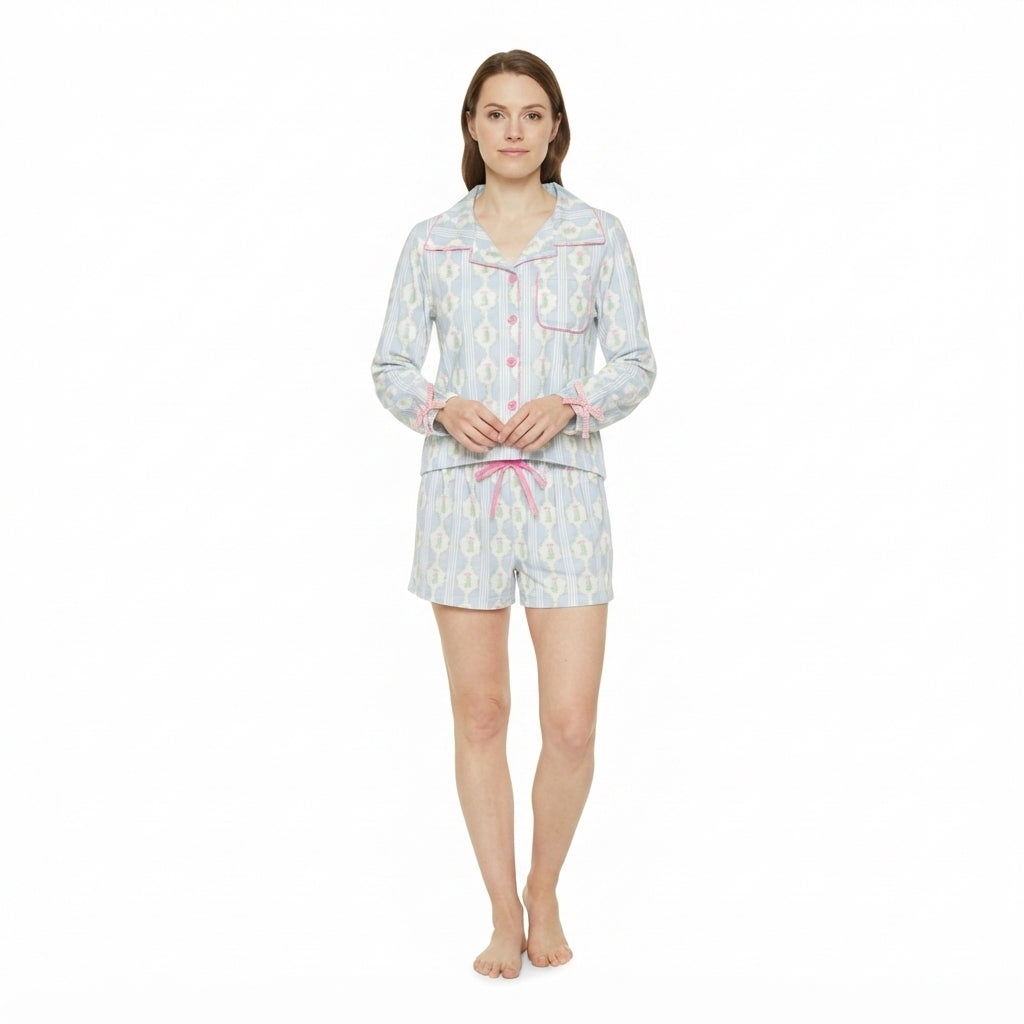 Christmas tree bow button down top shorts women pjs set