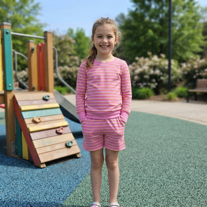 Pink stripe long sleeves top shorts girls active wear set