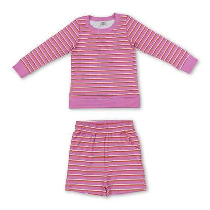Pink stripe long sleeves top shorts girls active wear set