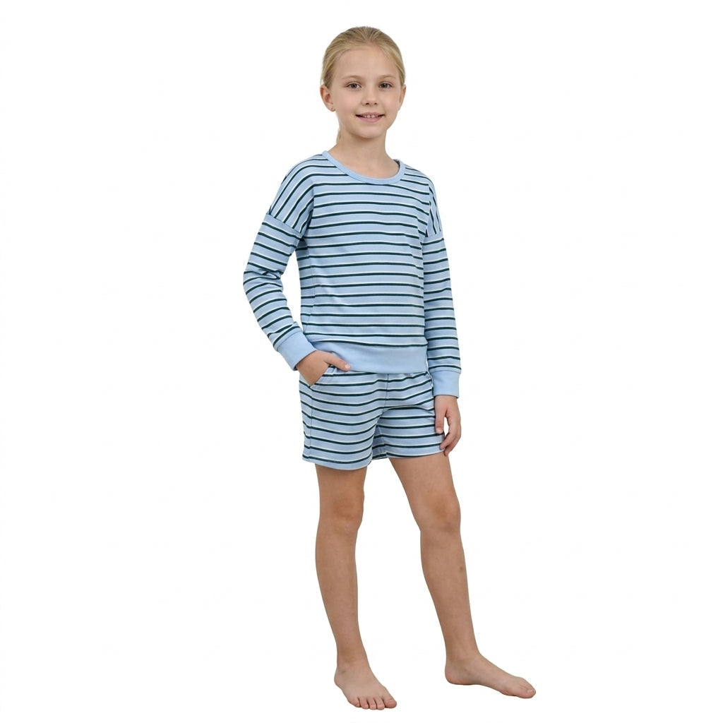 Light blue stripe top scallop shorts girls active wear set
