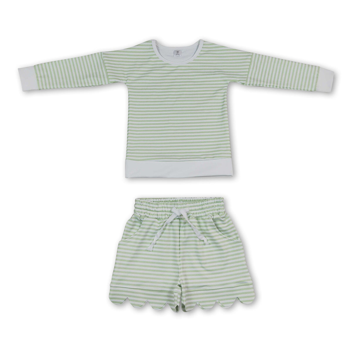 Green stripe top scallop shorts girls active wear set