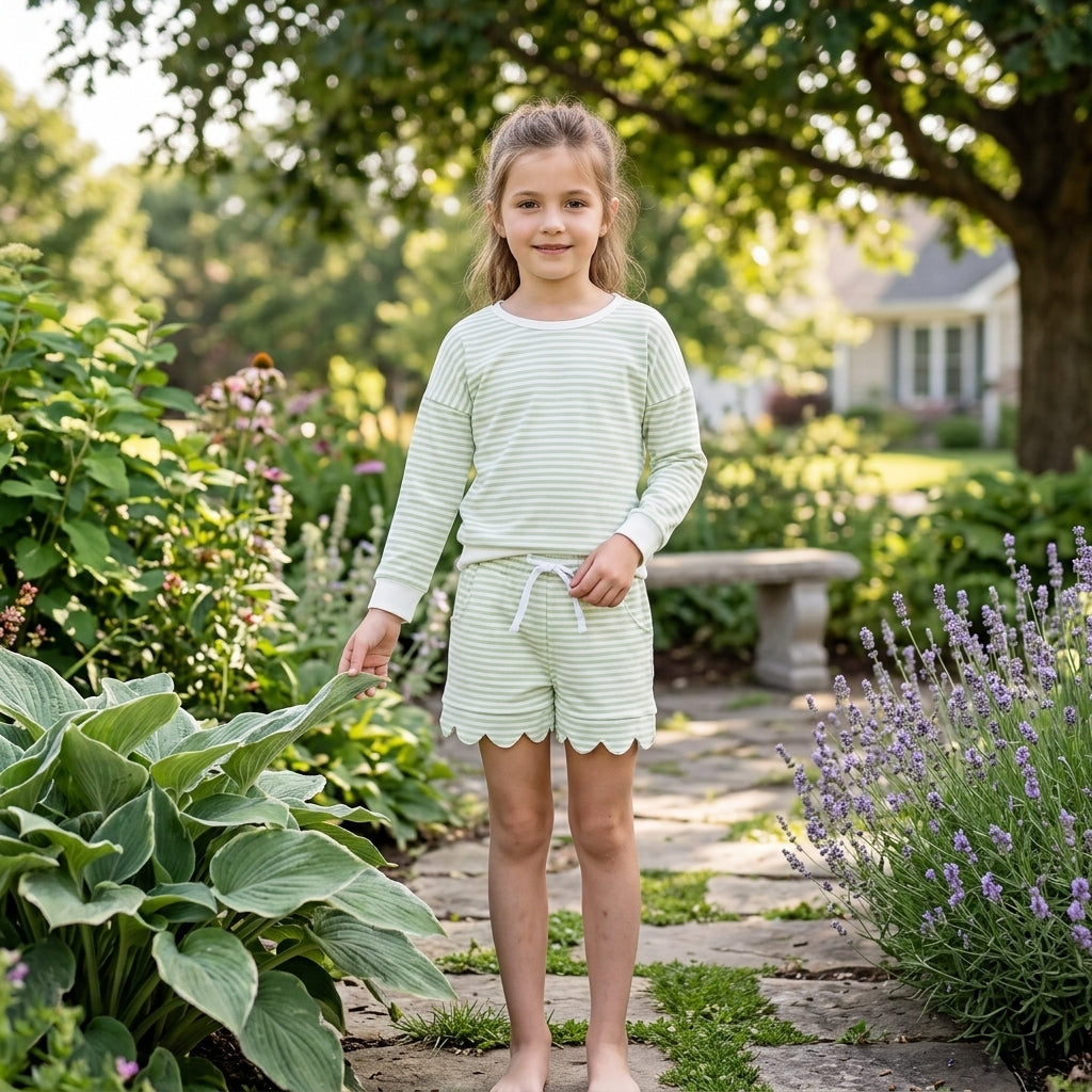Green stripe top scallop shorts girls active wear set