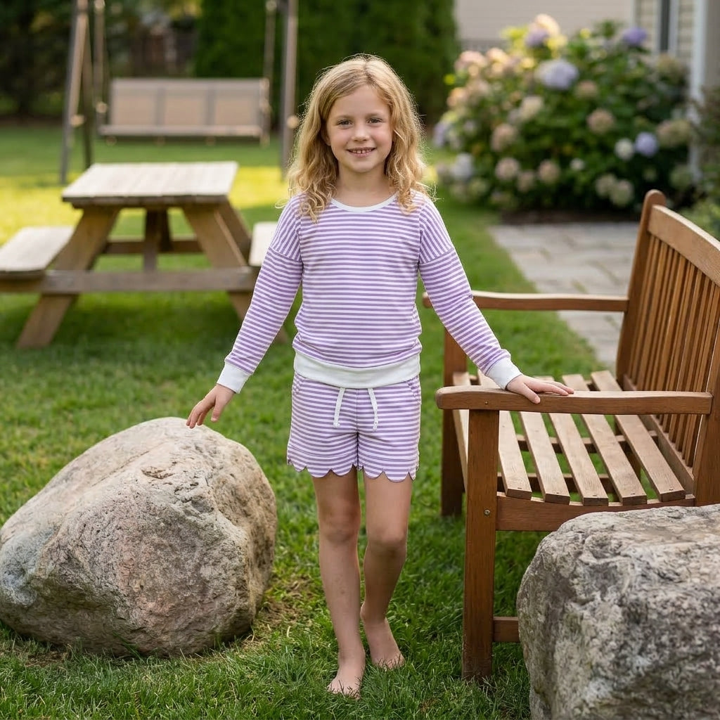 Lavender stripe top scallop shorts girls active wear set