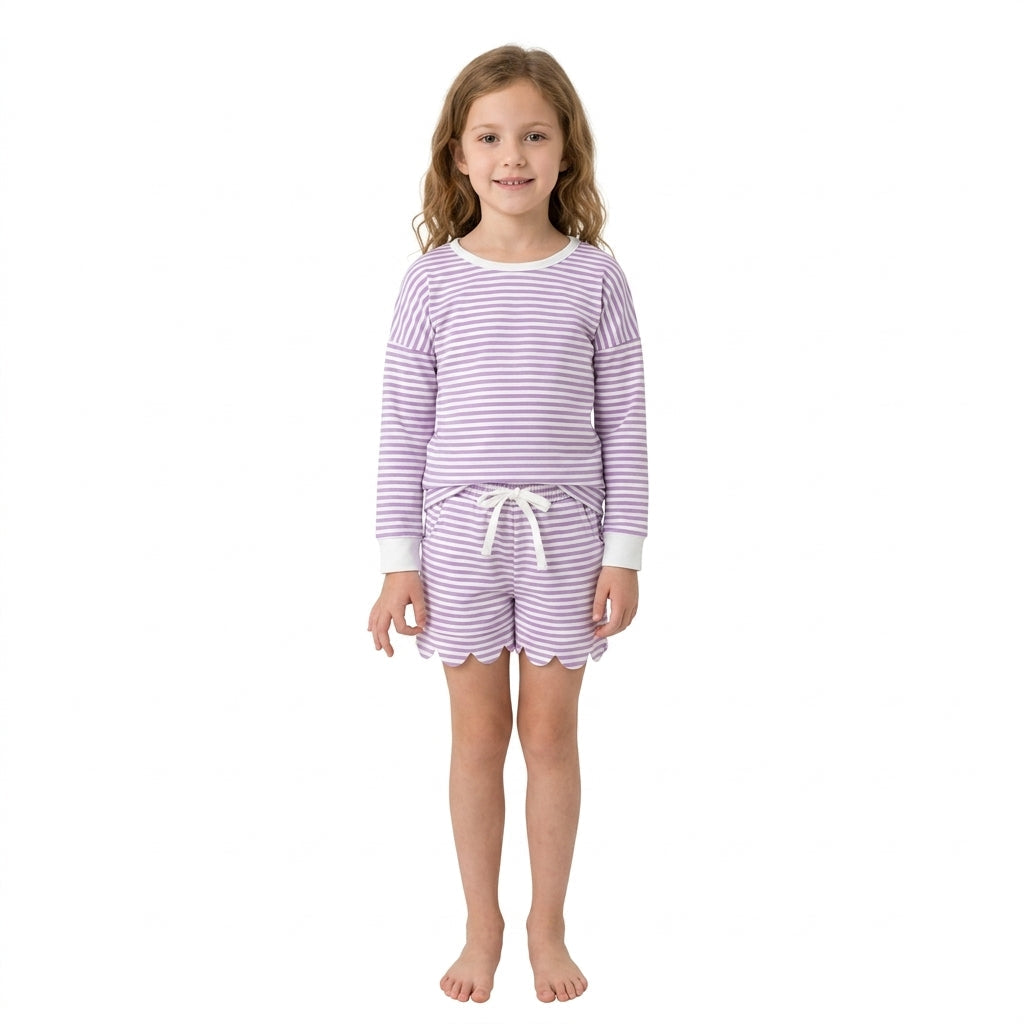 Lavender stripe top scallop shorts girls active wear set