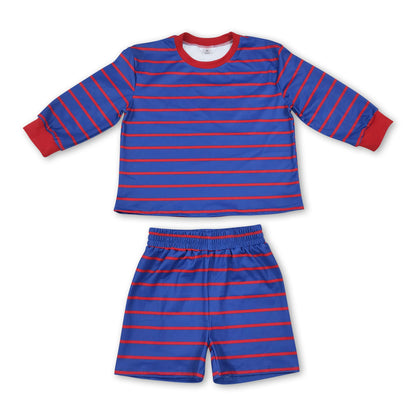 Blue red stripe long sleeves top shorts girls active wear set