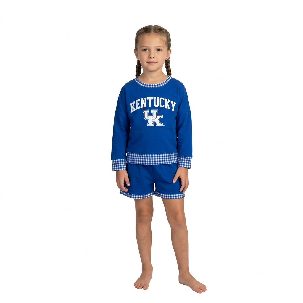 Long sleeves blue U K vinyl top shorts girls team outfits