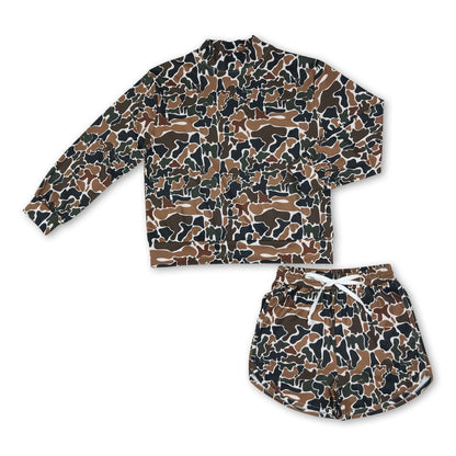 Brown camo long sleeves top shorts women active wear set