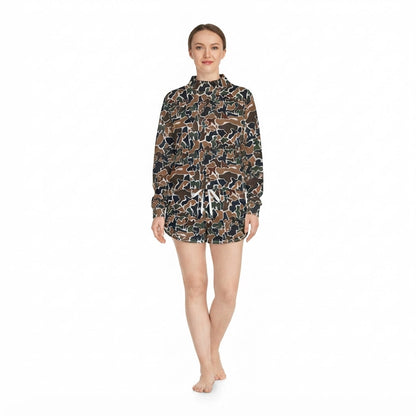 Brown camo long sleeves top shorts women active wear set