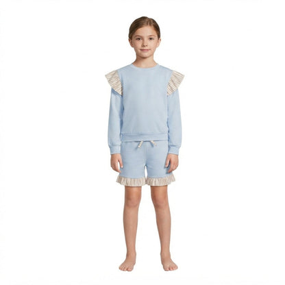 Flutter long sleeves light blue cotton top shorts girls outfits