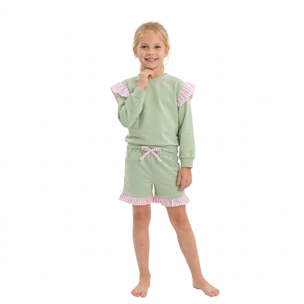 Flutter long sleeves light green top shorts girls outfits