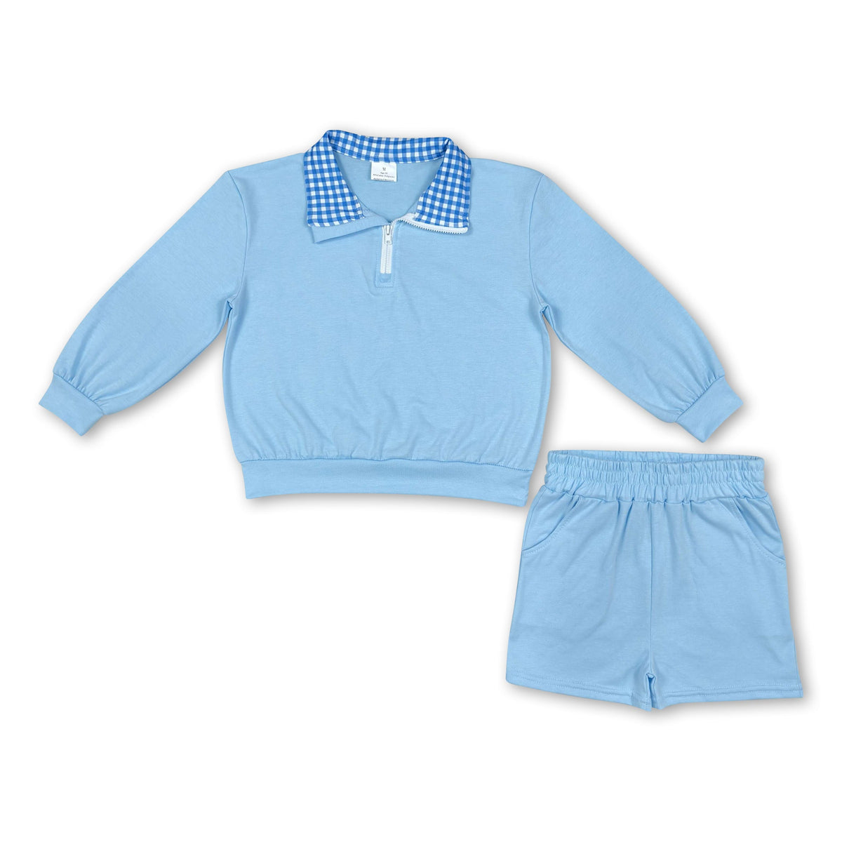 Long sleeves light blue plaid pullover shorts girls outfits