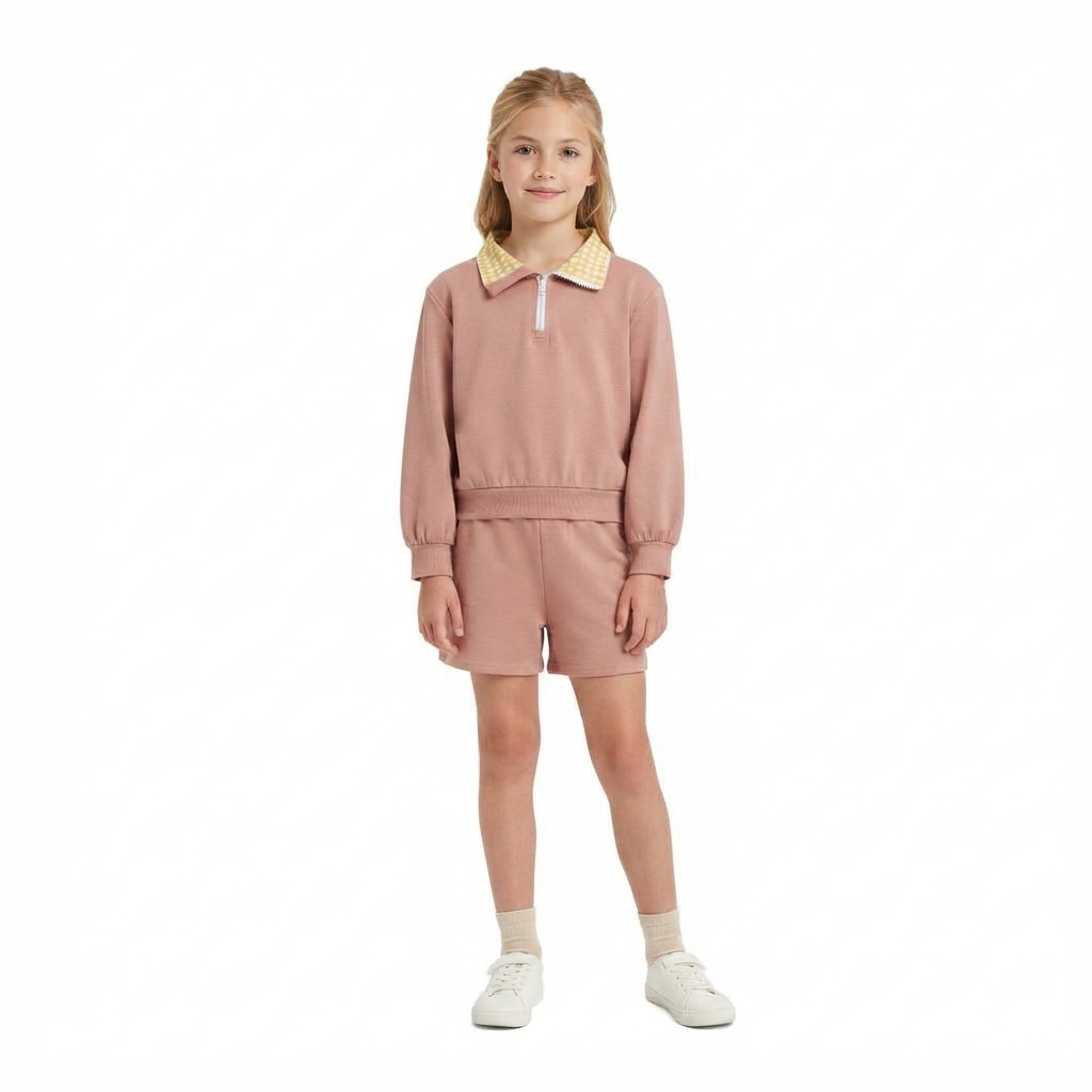 Long sleeves yellow plaid khaki pullover shorts girls outfits