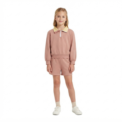 Long sleeves yellow plaid khaki pullover shorts girls outfits