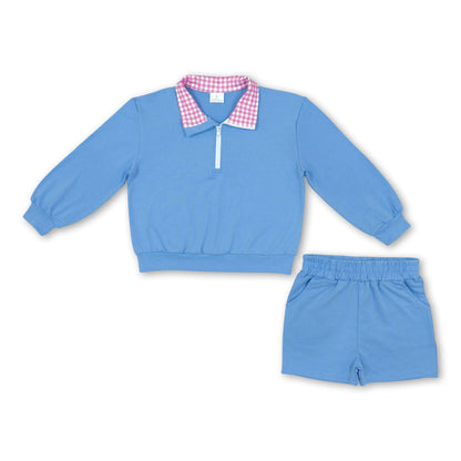 Long sleeves pink plaid blue pullover shorts girls outfits