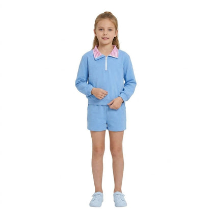 Long sleeves pink plaid blue pullover shorts girls outfits