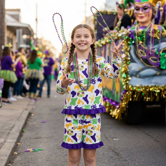 Crocodile donut camo top shorts girls Mardi Gras outfits