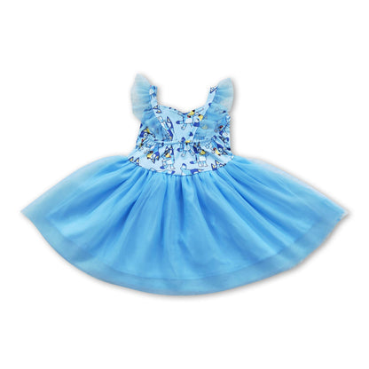 Blue dog flutter sleeves tulle baby girls dress