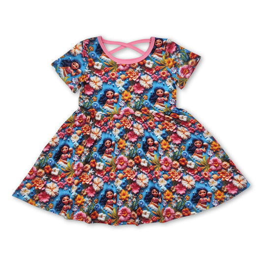 Blue short sleeves floral princess baby girls dresses