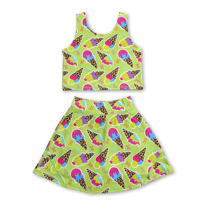 Sleeveless leopard ice cream bow girls activewear set