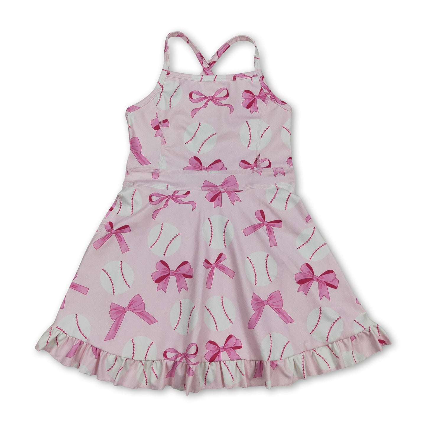 Straps pink bow baseball girls summer athletic dress