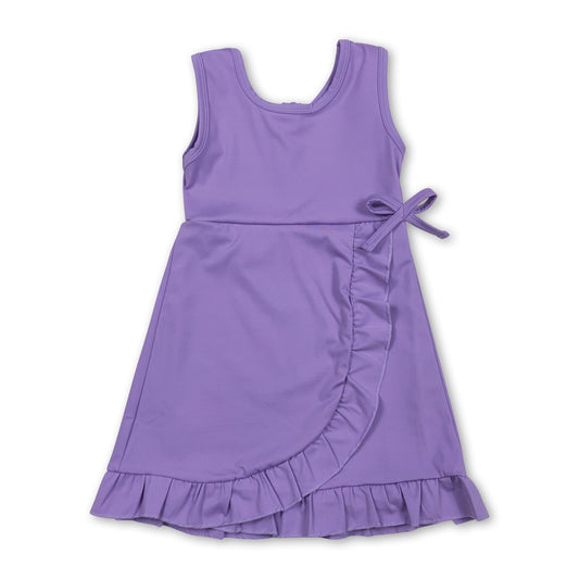 Purple sleeveless ruffle kids girls athletic dresses