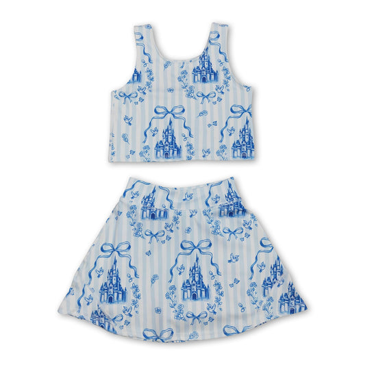 Sleeveless stripe bow castle top skirt girls active wear set