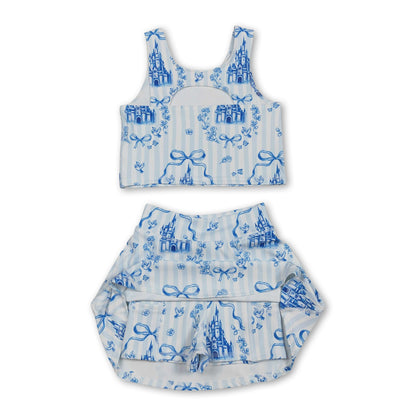 Sleeveless stripe bow castle top skirt girls active wear set