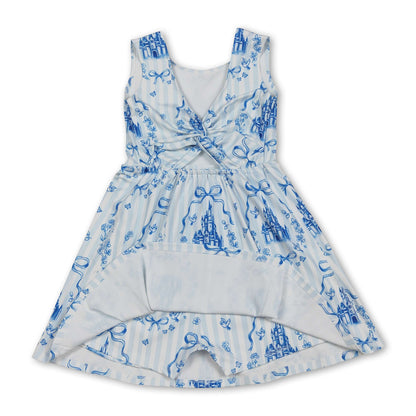 Sleeveless light blue bow castle kids girls athletic dresses