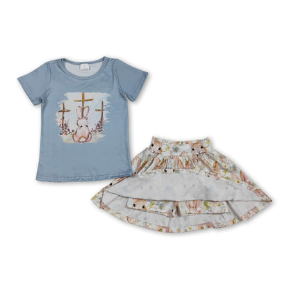 Rabbit cross bleached top skirt kids girls Easter outfits