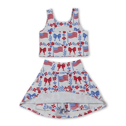 Sleeveless floral bow flag top skirt girls 4th of july active set