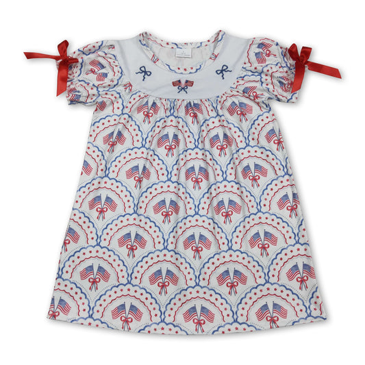 Short sleeves flag bow embroidery girls 4th of july dresses