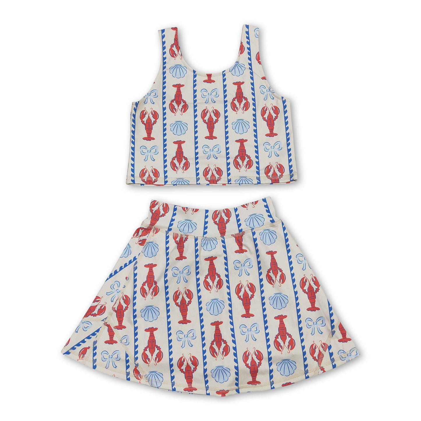 Sleeveless crawfish bow top skirt girls active wear set