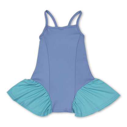 Straps light blue patchwork kids girls summer athletic dresses