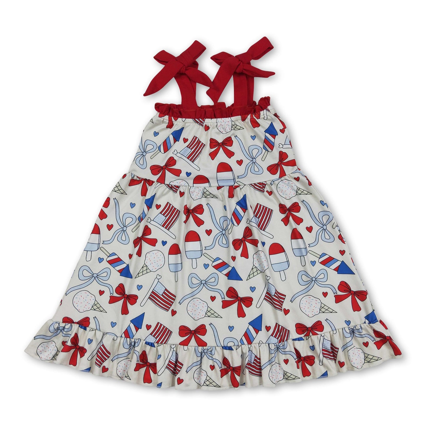 Straps popsicle bow flag girls ruffle 4th of july dresses