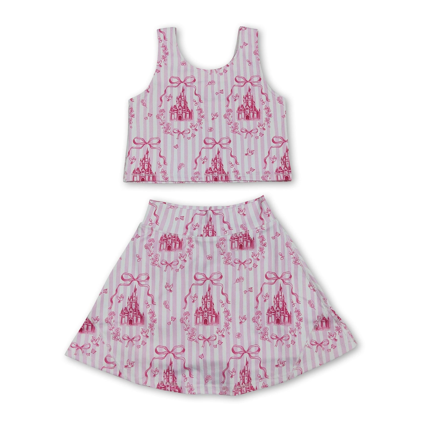 Pink stripe castle crop top bow skirt girls summer active set