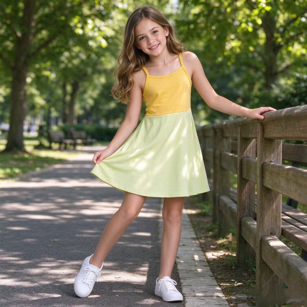 Light dark yellow straps kids girls summer athletic dress