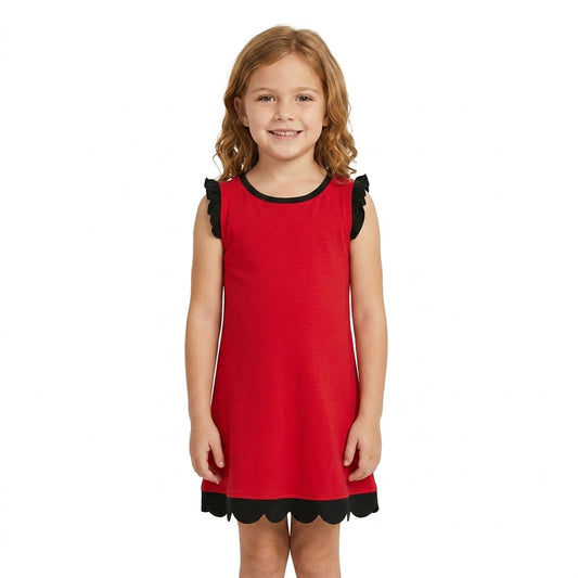 Black scallop ruffle sleeveless red girls cotton team dress
