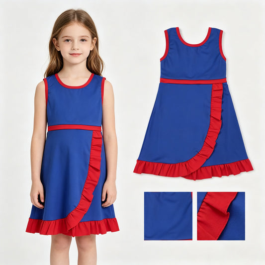 Sleeveless blue red scallop team kids girls athletic dress