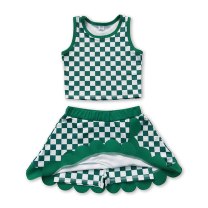 Sleeveless green plaid top scallop skirt girls active wear set